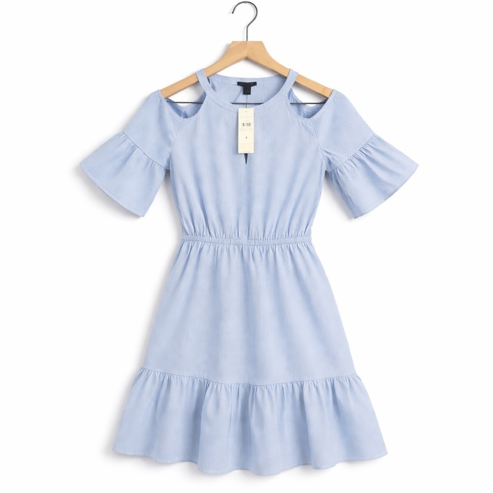 Ann Taylor Blue and White Pin Stripe Cold Shoulder Ruffle Dress (102)